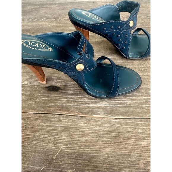 Tod’s Women “Ritz” Navy Blue Suede Heel Sandals, size 8.5 - Picture 6 of 9